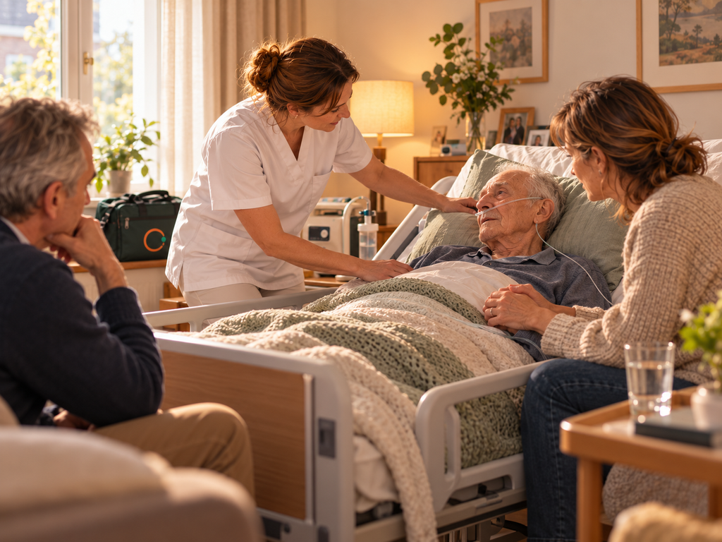 Un patient âgé dans un lit médicalisé reçoit des soins palliatifs à domicile par l'équipe de soins à domicile Harmoneo, entouré d'une infirmière et de ses proches.
